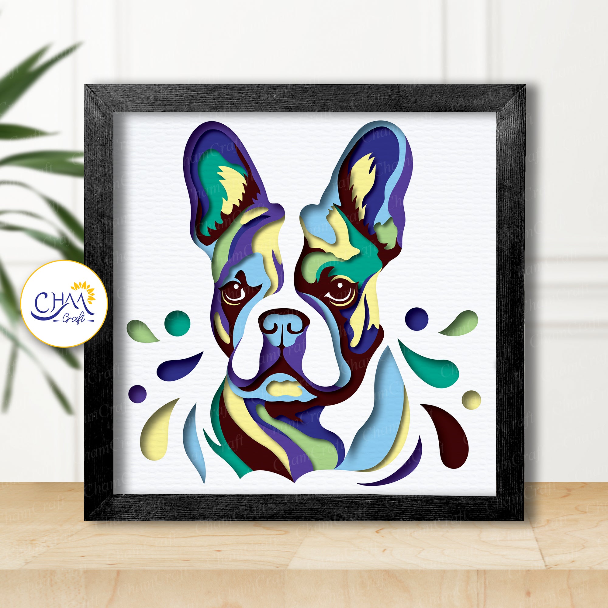 3D French Bulldog Shadow Box SVG Paper Cut Template