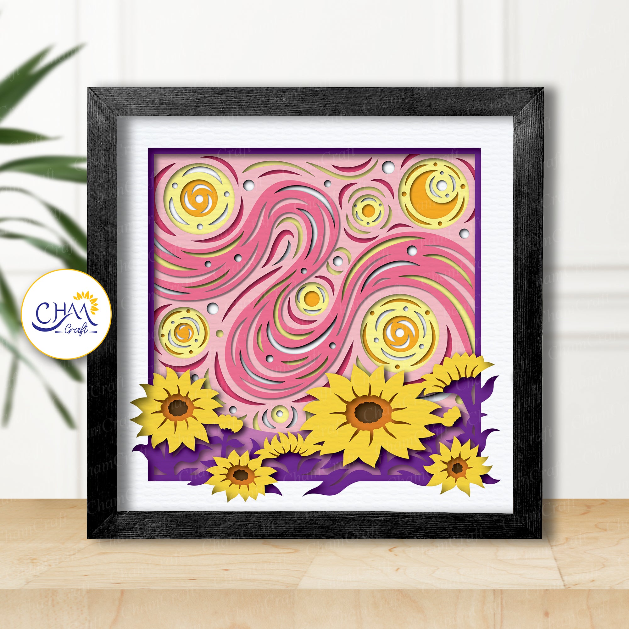 3D Starry Night Sunflower Shadow Box SVG Paper Cut Template