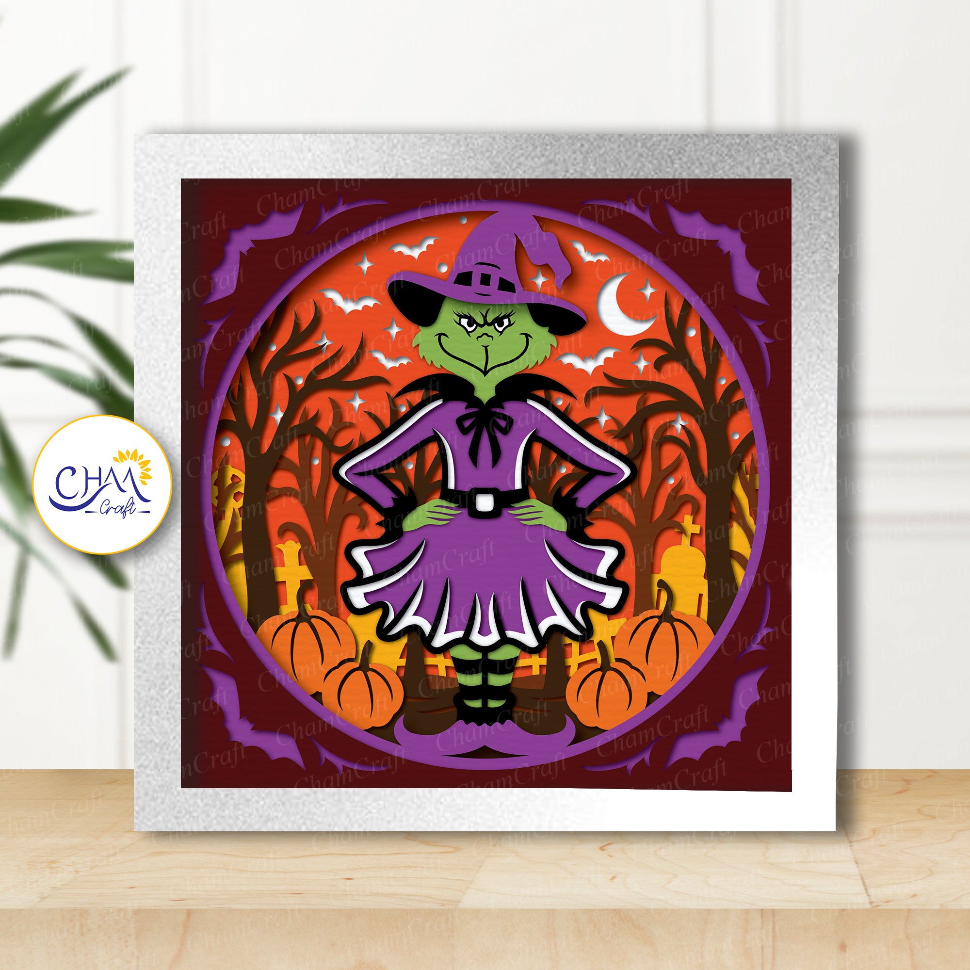 3D Halloween Witch Shadow Box SVG Paper Cut Template