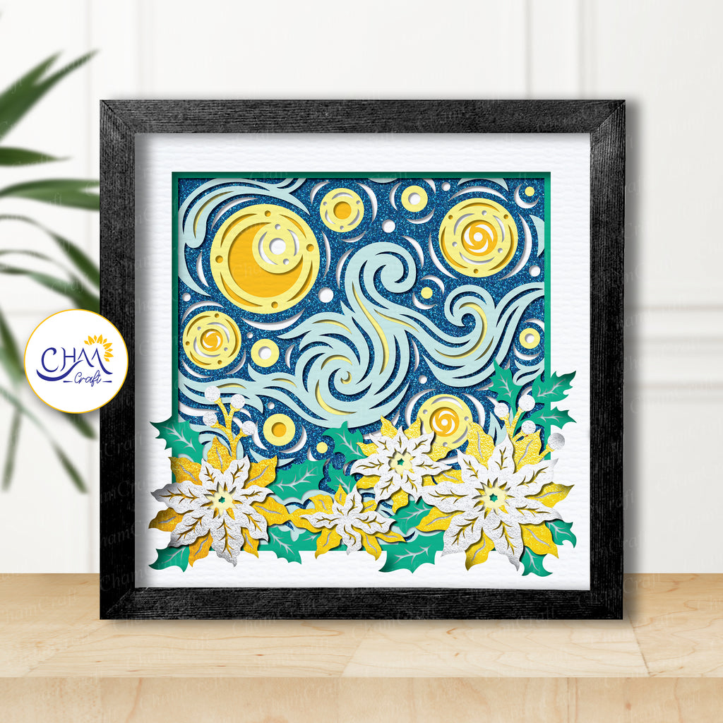 3D Starry Night Poinsettia Shadow Box SVG Paper Cut Template