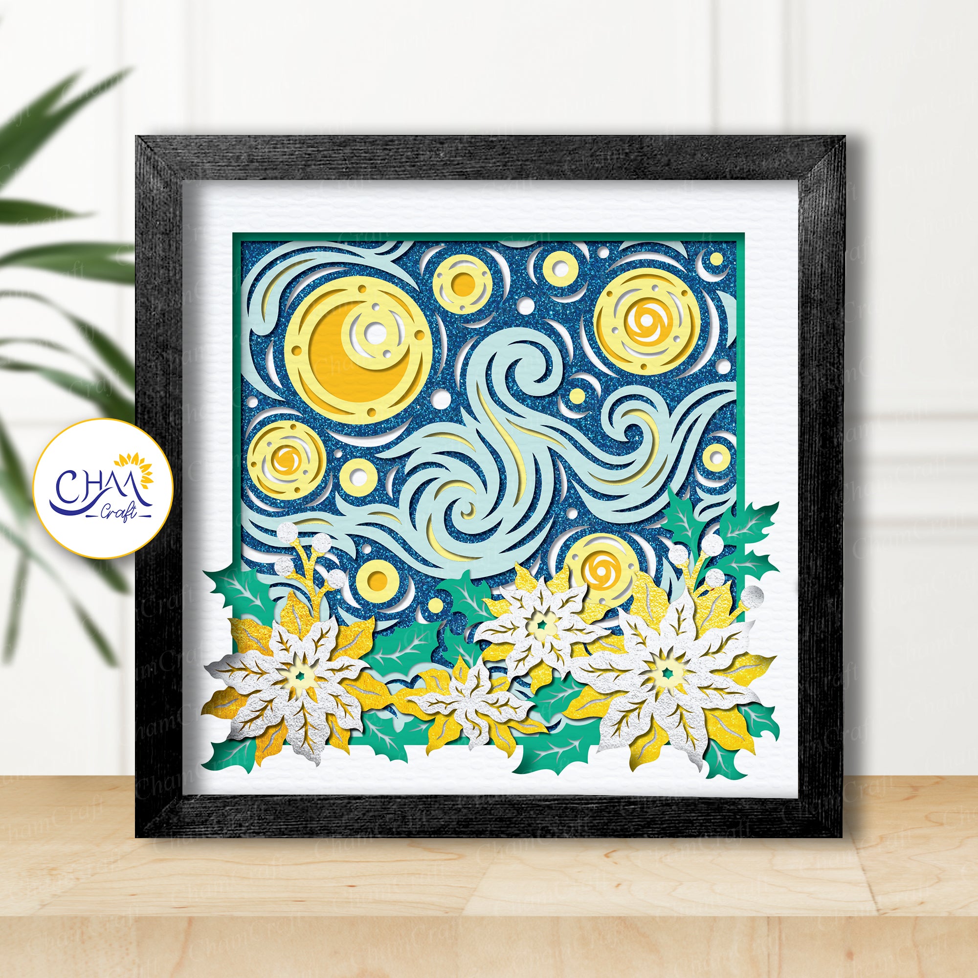 3D Starry Night Poinsettia Shadow Box SVG Paper Cut Template