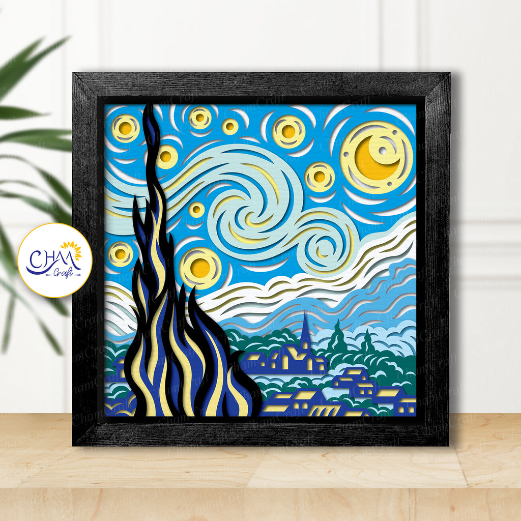 3D Starry Night Shadow Box SVG Paper Cut Template