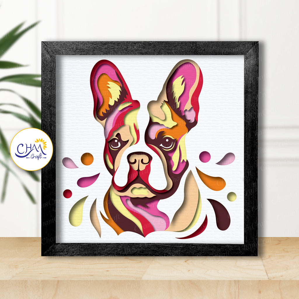 3D French Bulldog Shadow Box SVG Paper Cut Template