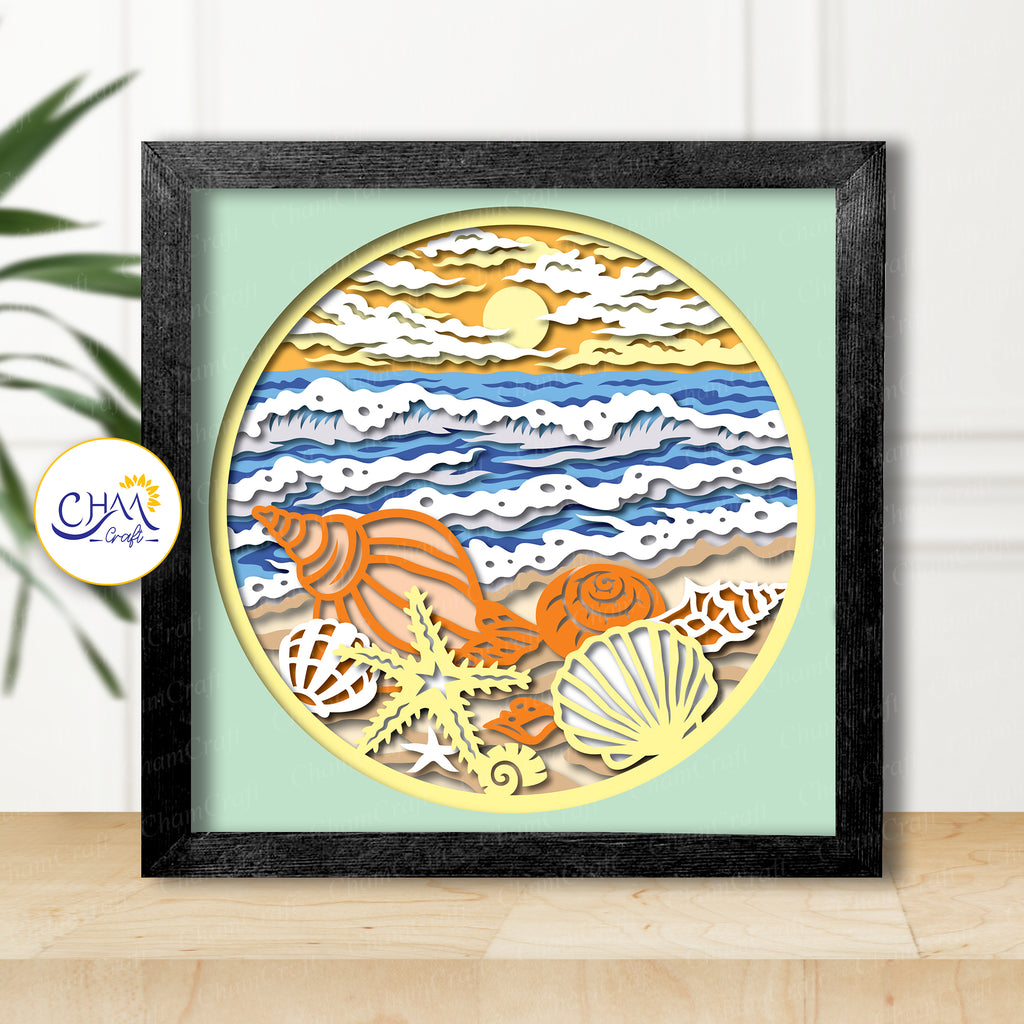 3D Beach and Seashells Shadow Box SVG Paper Cut Template