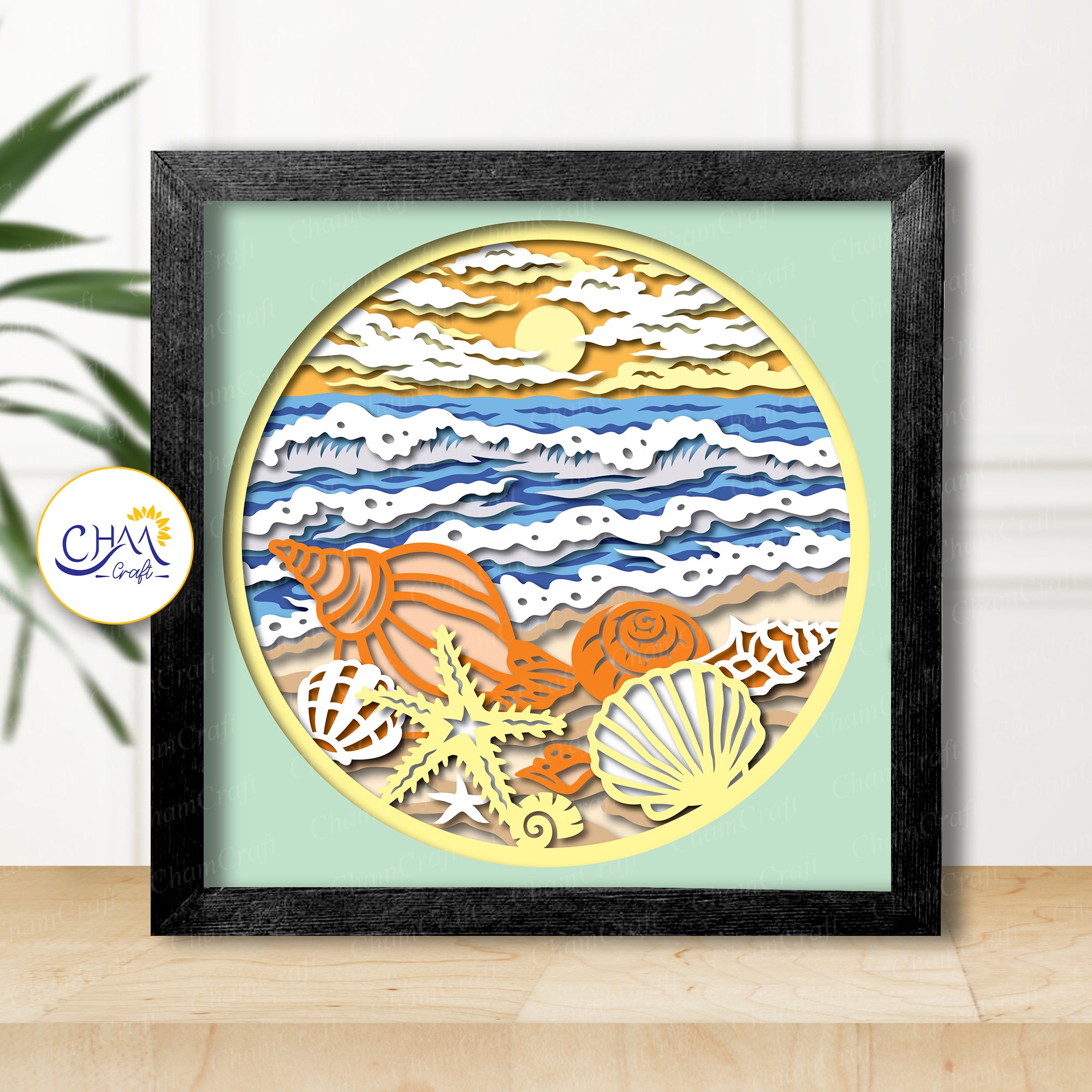 3D Beach and Seashells Shadow Box SVG Paper Cut Template