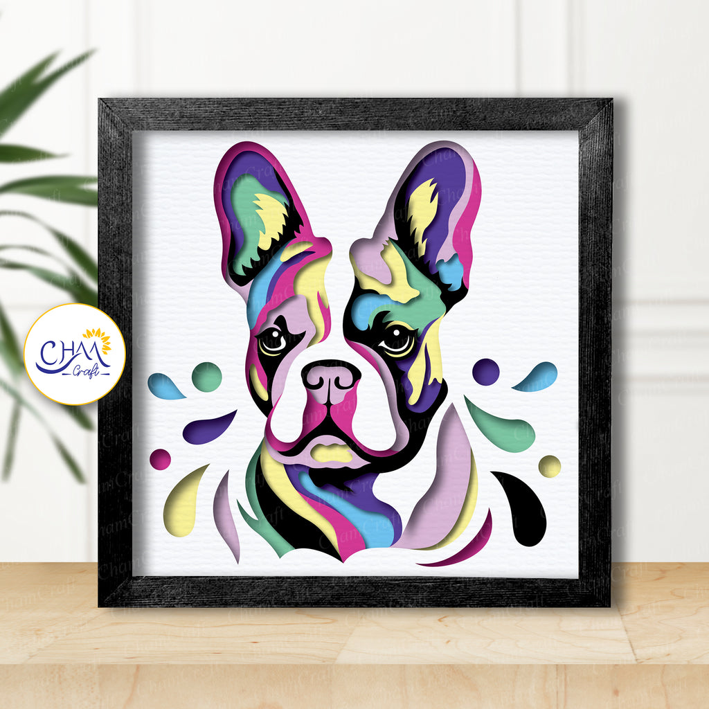 3D French Bulldog Shadow Box SVG Paper Cut Template