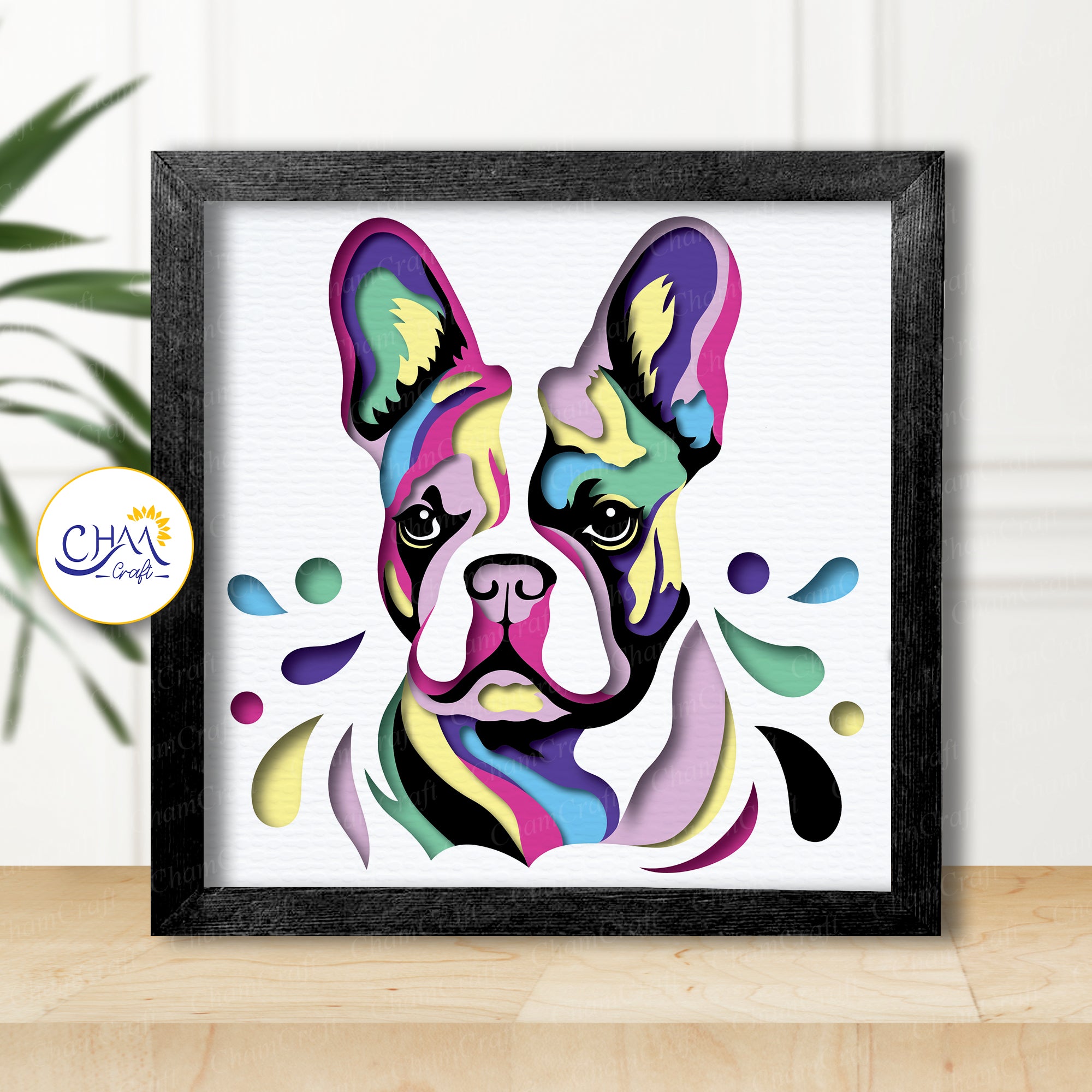 3D French Bulldog Shadow Box SVG Paper Cut Template
