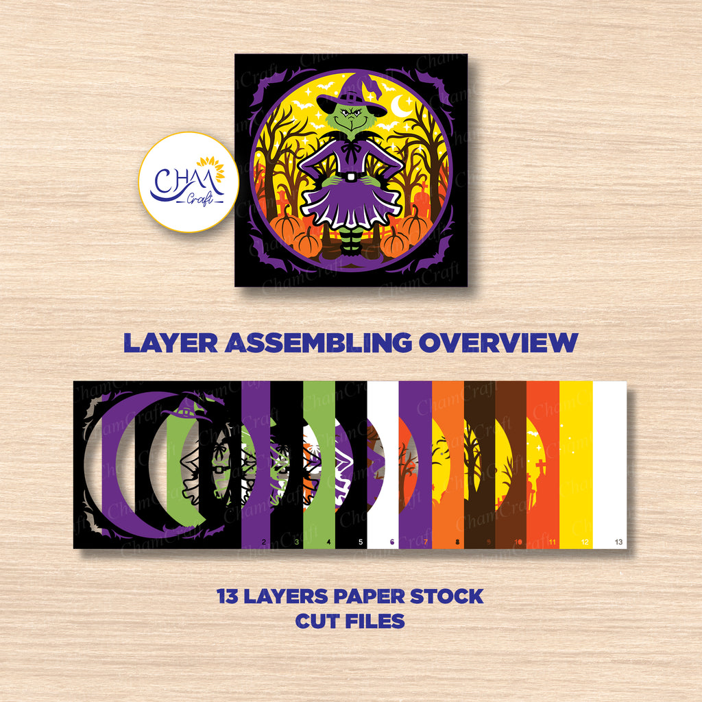 3D Halloween Witch Shadow Box SVG Paper Cut Template