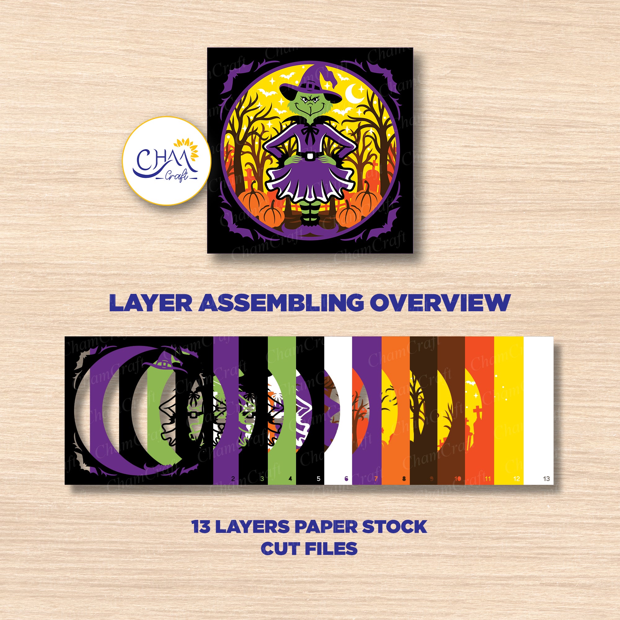 3D Halloween Witch Shadow Box SVG Paper Cut Template