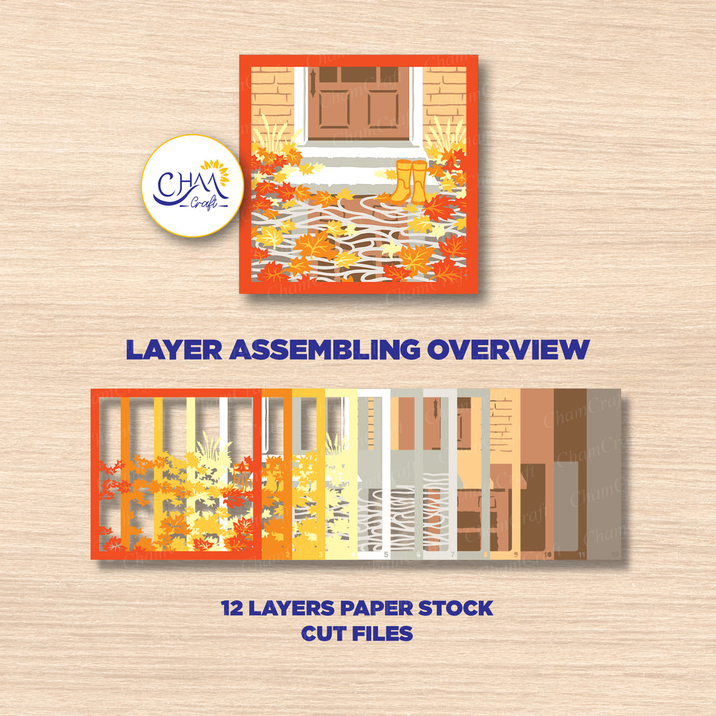 3D Rainy Autumn Shadow Box SVG Paper Cut Template