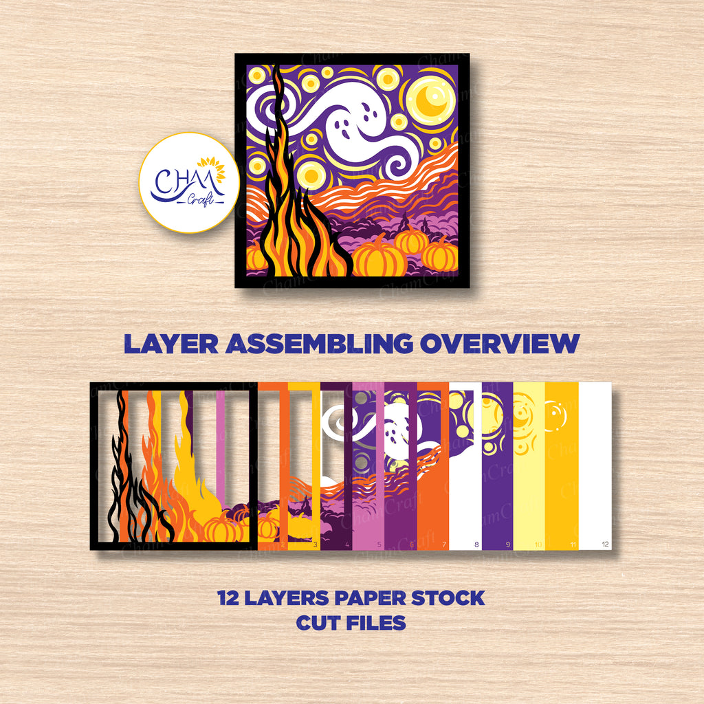 3D Starry Night Halloween Shadow Box SVG Paper Cut Template