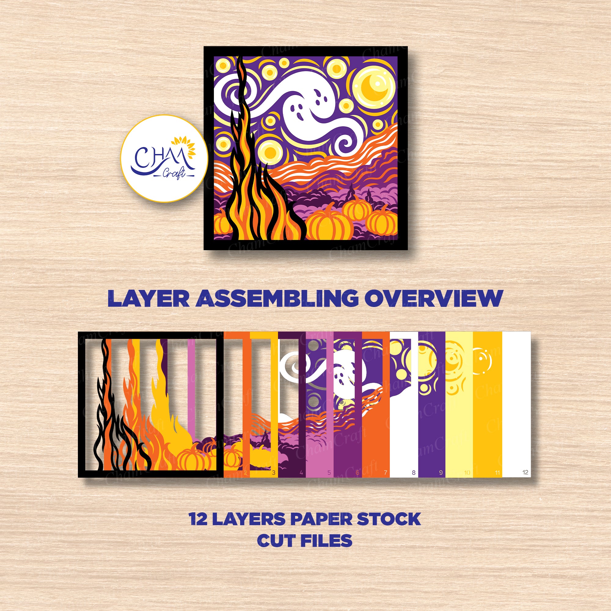 3D Starry Night Halloween Shadow Box SVG Paper Cut Template