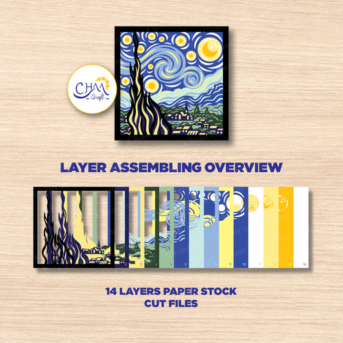 3D Starry Night Shadow Box SVG Paper Cut Template