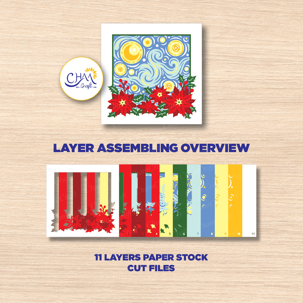 3D Starry Night Poinsettia Shadow Box SVG Paper Cut Template