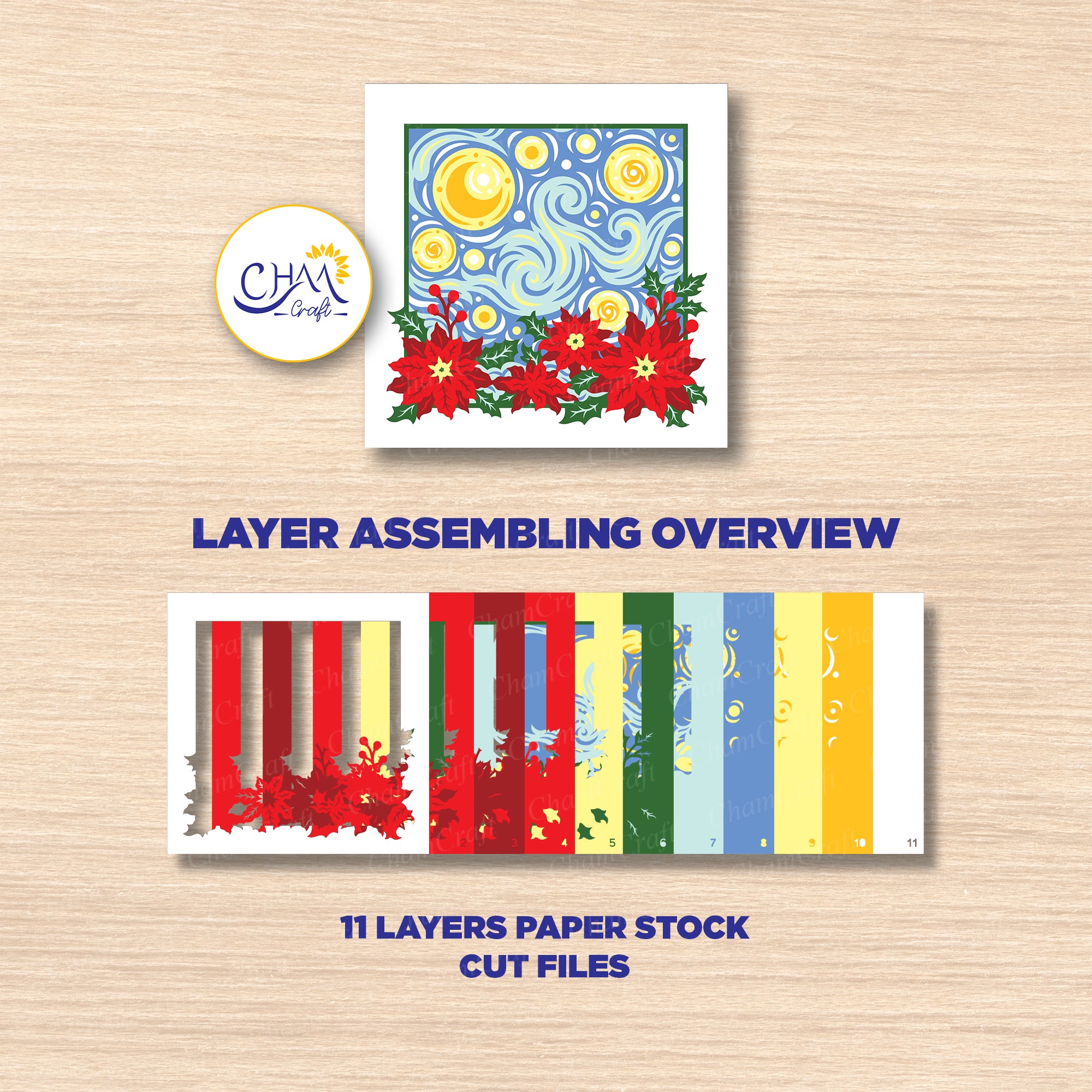 3D Starry Night Poinsettia Shadow Box SVG Paper Cut Template