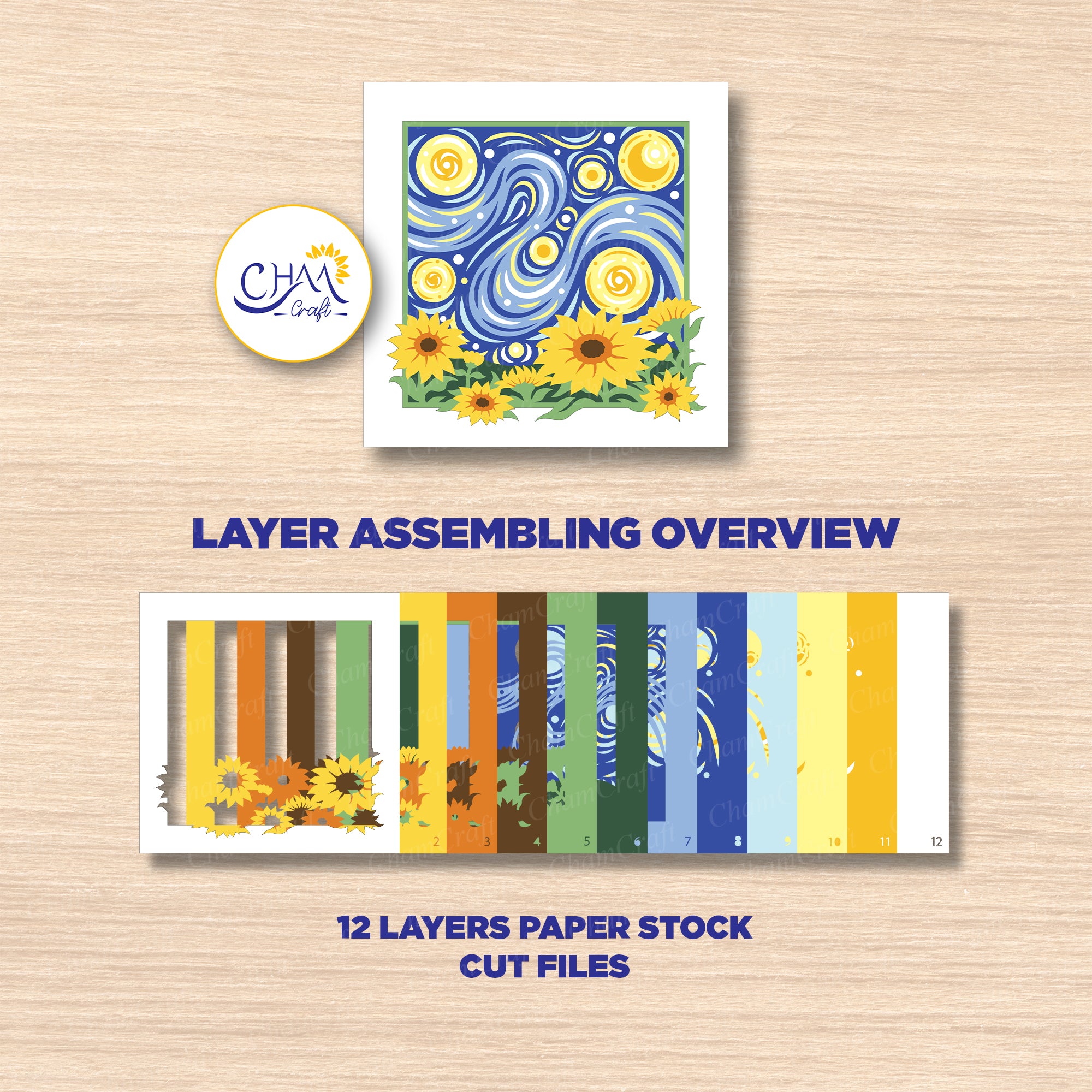 3D Starry Night Sunflower Shadow Box SVG Paper Cut Template