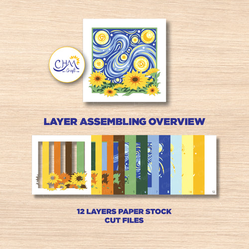 3D Starry Night Sunflower Shadow Box SVG Paper Cut Template