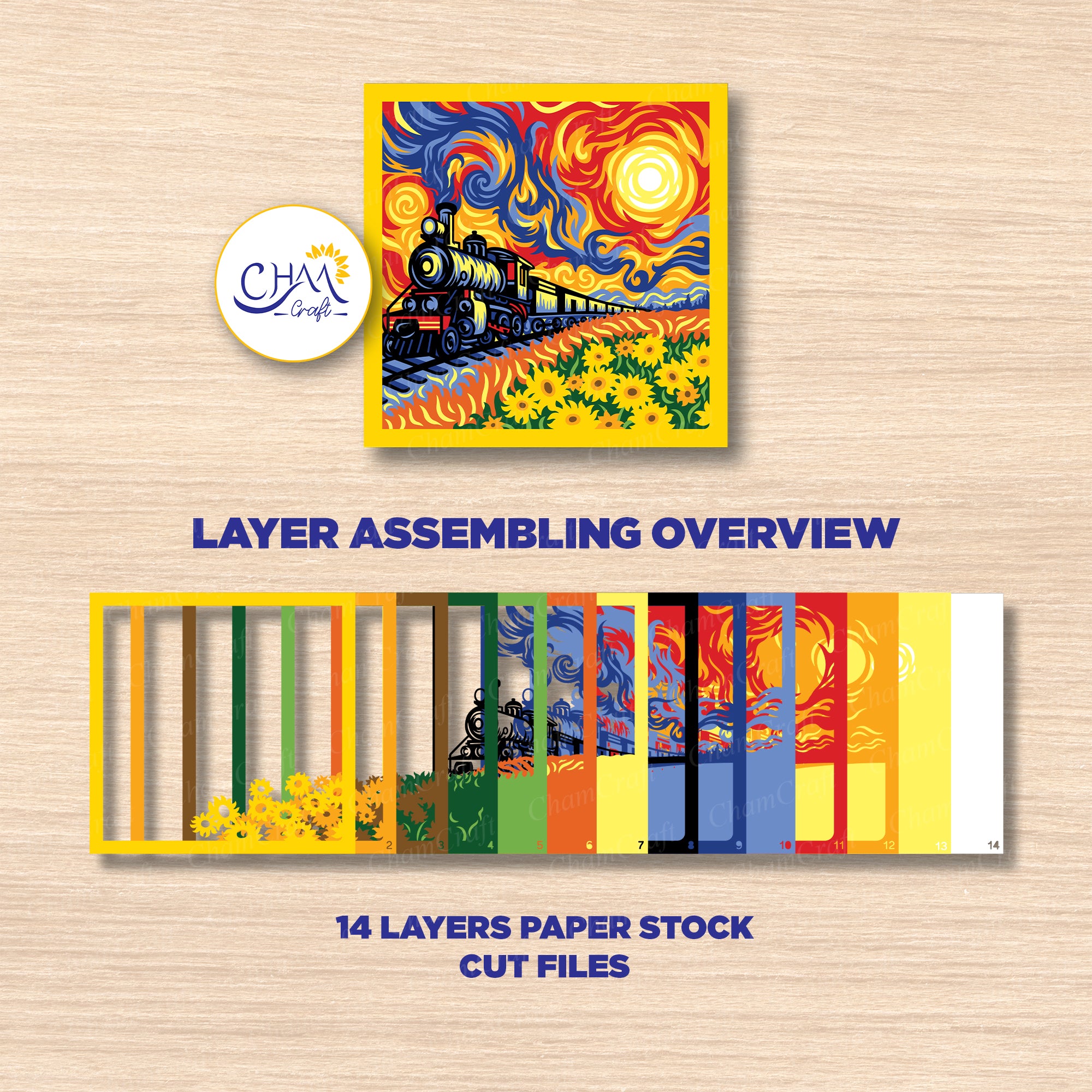 3D Sunset Train Shadow Box SVG Paper Cut Template