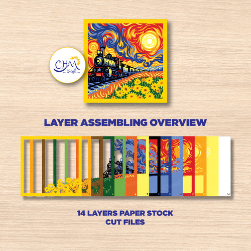 3D Sunset Train Shadow Box SVG Paper Cut Template