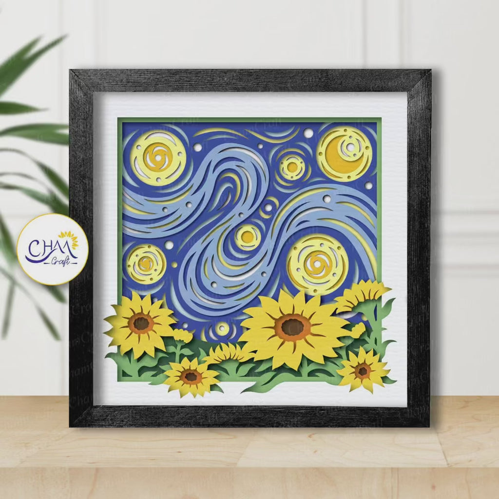 3D Starry Night Sunflower Shadow Box SVG Paper Cut Template