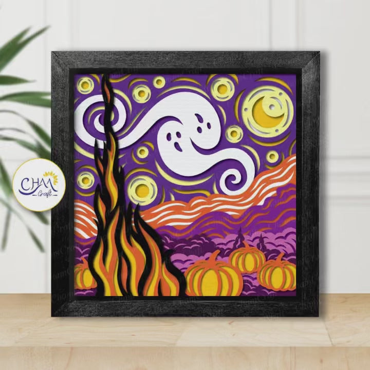 3D Starry Night Halloween Shadow Box SVG Paper Cut Template