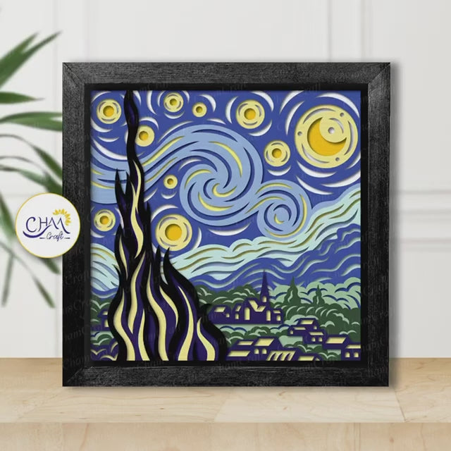 3D Starry Night Shadow Box SVG Paper Cut Template